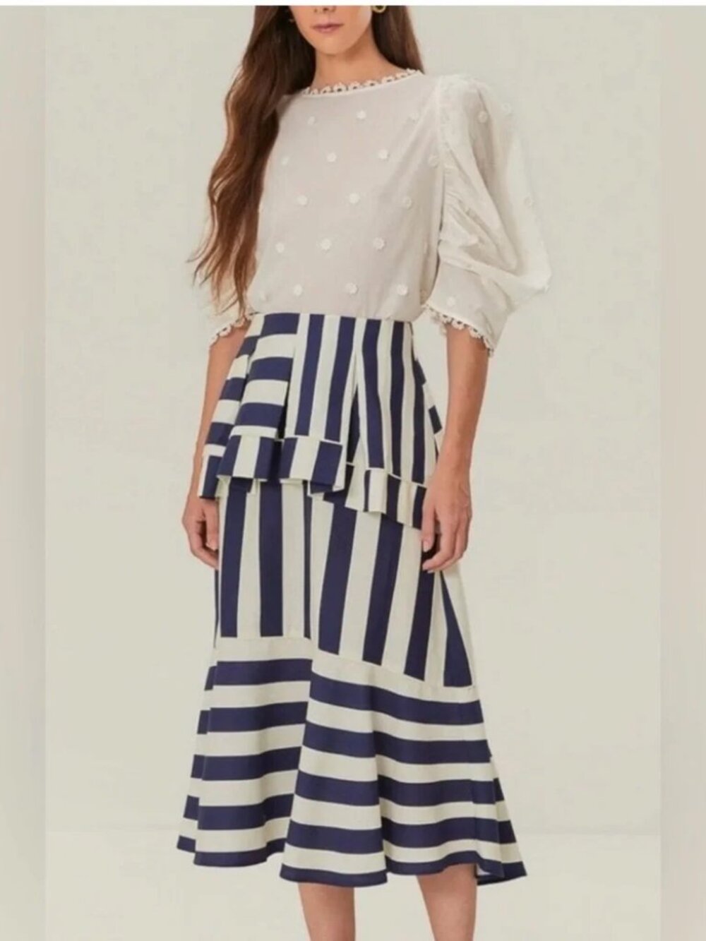 Farm Rio Blue Mixed Stripes Midi Skirt - Picture 1 of 6